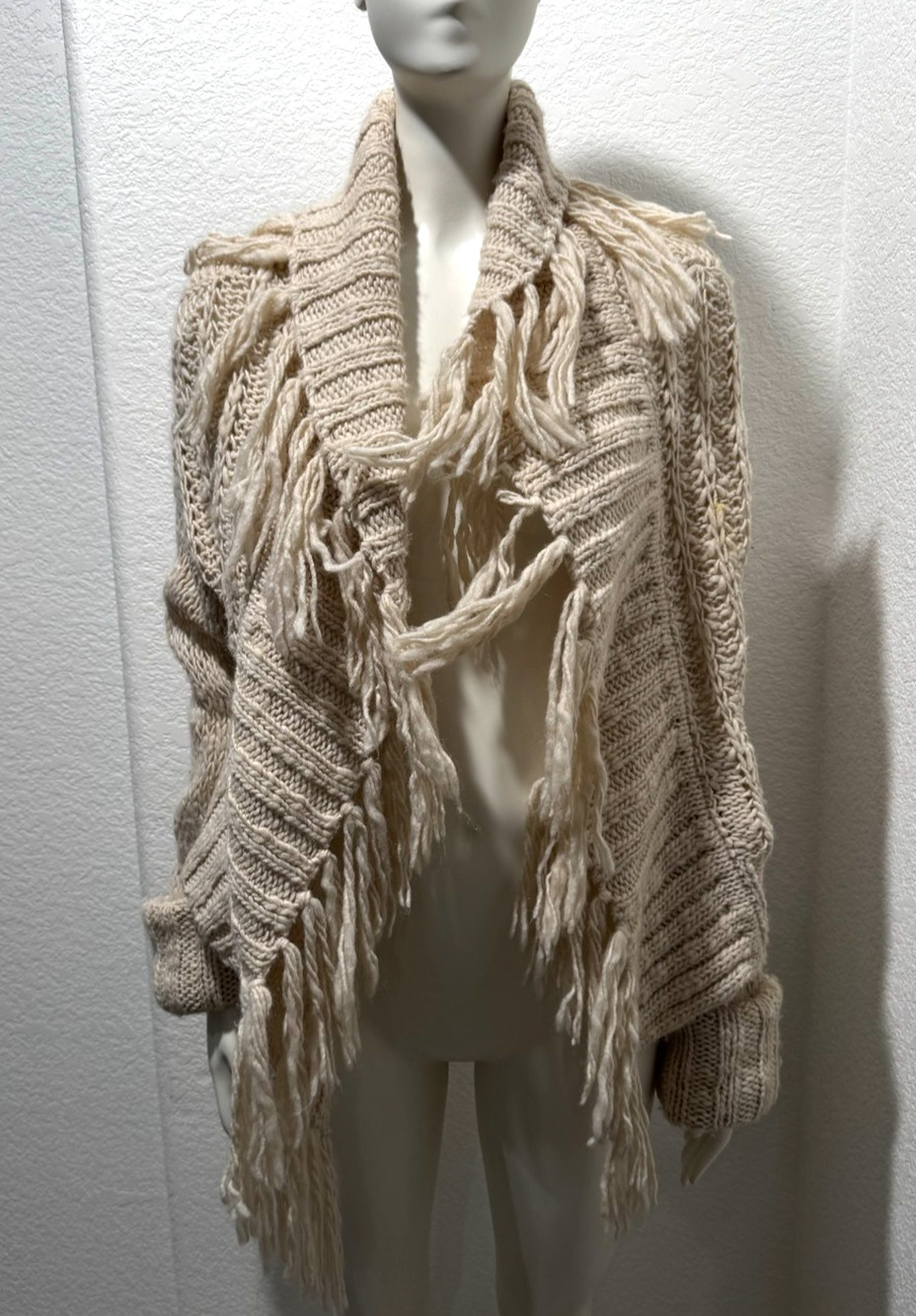 Pete & Greta Johnny Was Wool Blend Cardigan Shawl Sz M Chunky Knit Fringe Trim